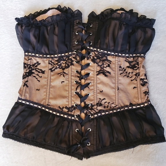 Tan Black Mesh Lace Overbust Corset Bustier Top Y2K vintage nwt - Picture 6 of 17